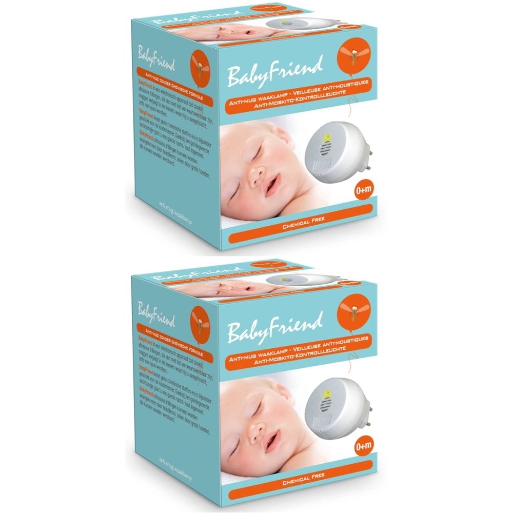 Twee BabyFriend verpakkingen. Anti-muggenlamp met nachtlampje. Afbeelding van baby en product. Opschrift "Chemical Free".