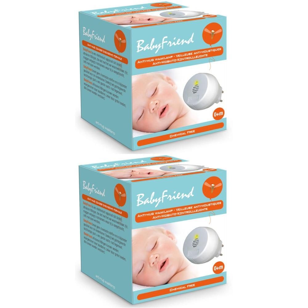 Deux boîtes BabyFriend. Image d'un bébé et du produit. Inscription: Veilleuse anti-moustiques, Chemical Free. Produit blanc, emballage bleu.