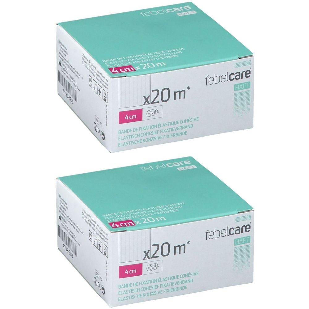 Deux boîtes de bandage adhésif Febelcare. Inscription : 4cm x 20m. Emballage turquoise et blanc. Bande de fixation élastique.