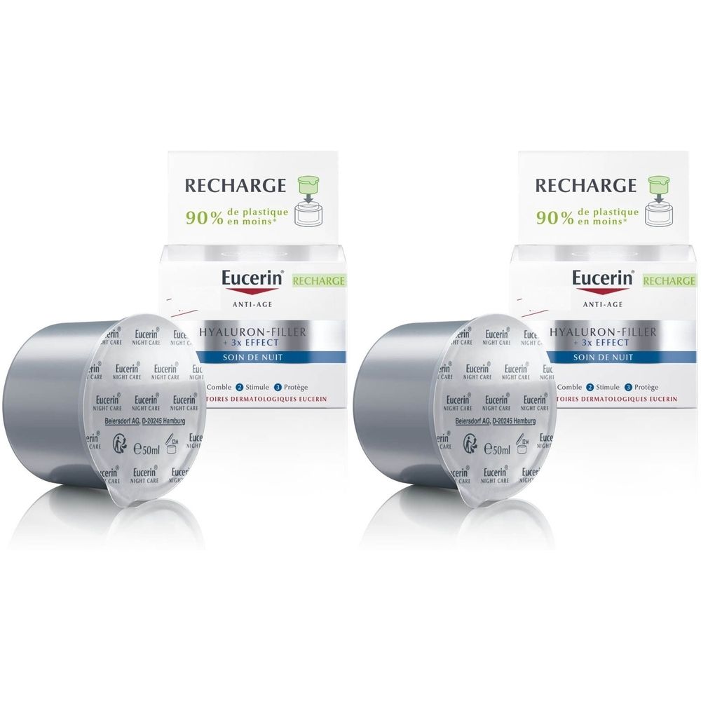 Deux pots de crème de nuit Eucerin Hyaluron-Filler + 3x Effect avec emballage. Inscription: Recharge, Anti-Âge, Soin de Nuit.