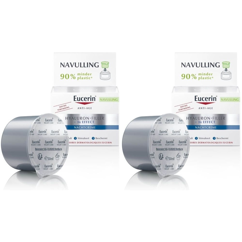 Twee Eucerin Hyaluron-Filler + 3x Effect nachtcrèmetubes met verpakking. Opschrift: Navulling, Anti-Age, Nachtcrème.