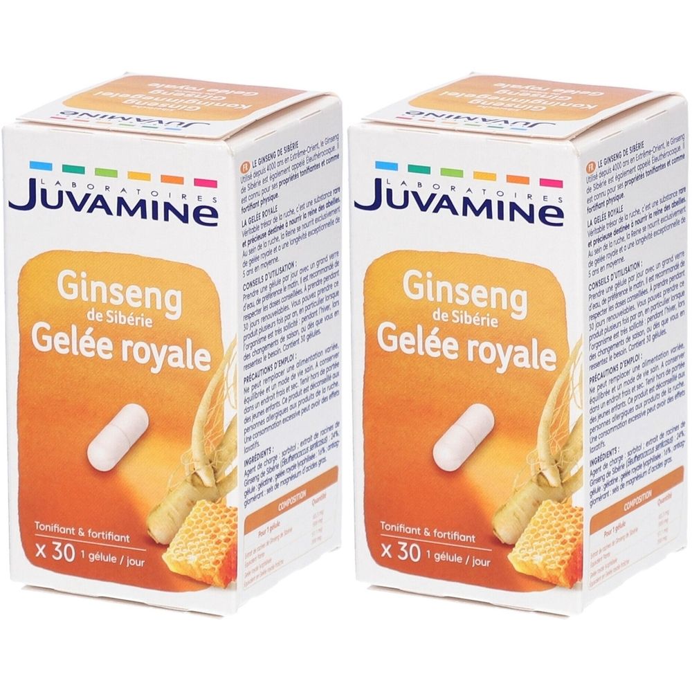 Deux boîtes de produit. Inscription: Juvamine Ginseng Gelée Royale. Contient 30 gélules.