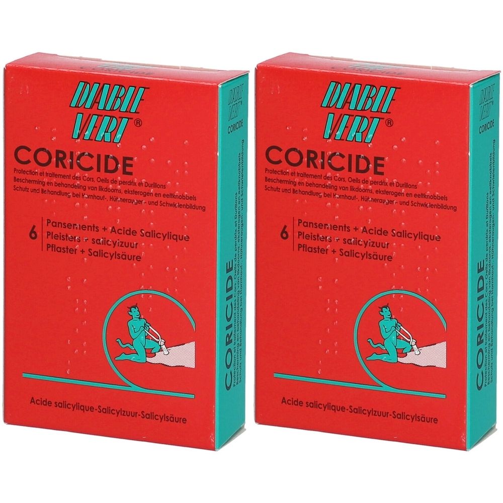 Deux boîtes rouges avec texte. CORICIDE, 6 pansements + acide salicylique. Inscription en vert et blanc. Image d'une personne.