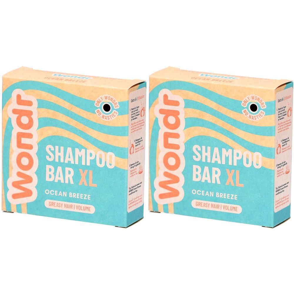 Twee rechthoekige dozen. Opschrift: Wondr, Shampoo Bar XL Ocean Breeze. Turkoois, oranje en beige tinten.