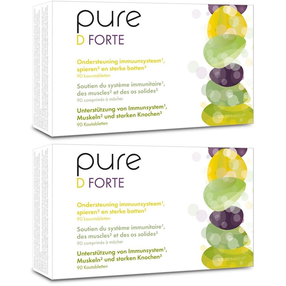 Twee dozen met "pure D FORTE". Tekst in het Nederlands, Frans en Duits. Illustratie van gekleurde cirkels.