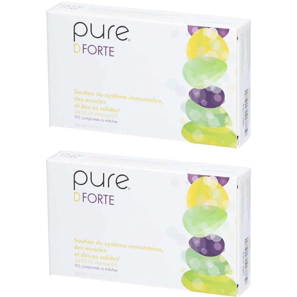Twee witte dozen "pure D FORTE" met logo en kleurrijke illustraties. Tekst: "Soutien du système immunitaire..." en "90 comprimés à mâcher".
