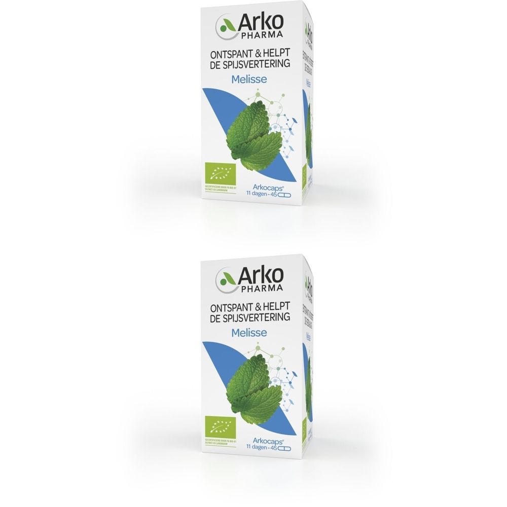 Doosje Arkocaps Melisse Bio. Wit, met logo, tekst en blad. Biologische certificering.