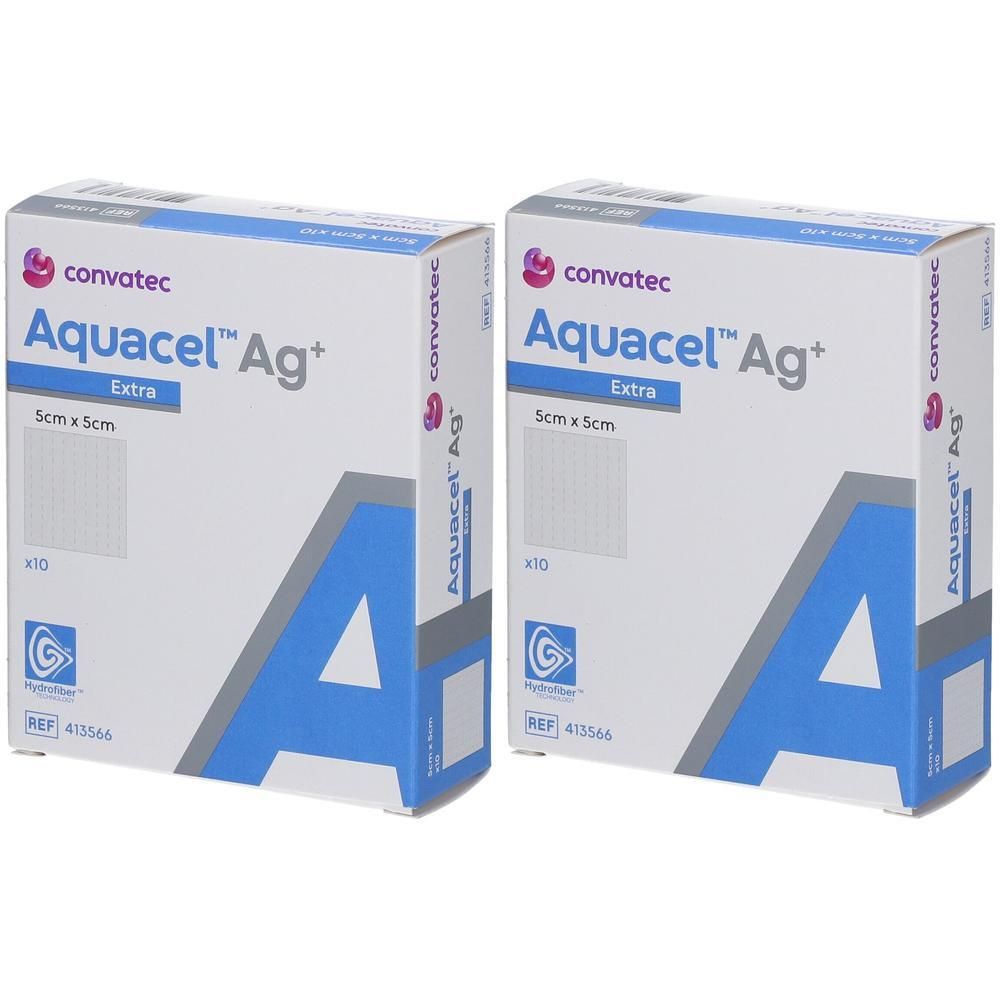 Deux boîtes de pansements Aquacel™ Ag+ Extra™. Boîtes blanches avec graphiques bleus et nom du produit. 5cm x 5cm.