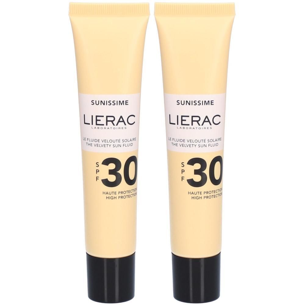 Twee tubes LIERAC Sunissime SPF 30. Beige tubes met zwarte doppen. Productnaam en SPF duidelijk zichtbaar.