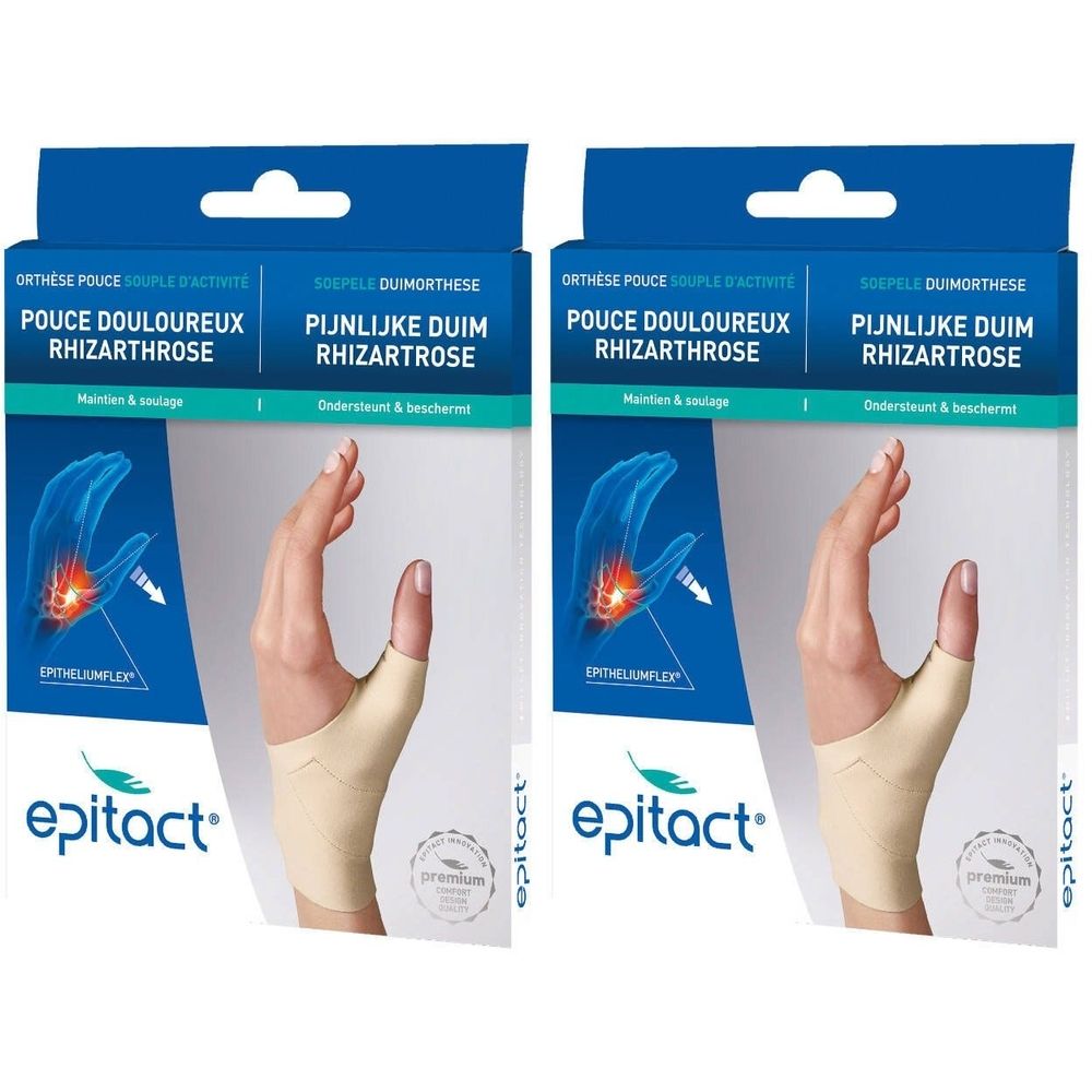 Deux boîtes d'orthèse Epitact® pour le pouce. Bandage beige souple pour le pouce. Inscription : rhizarthrose, soulagement de la douleur.