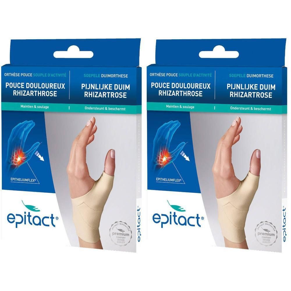 Twee verpakkingen Epitact duimorthese. Beige, zacht, met handmodel. Tekst: Pouce douloureux, Rhizarthrose.
