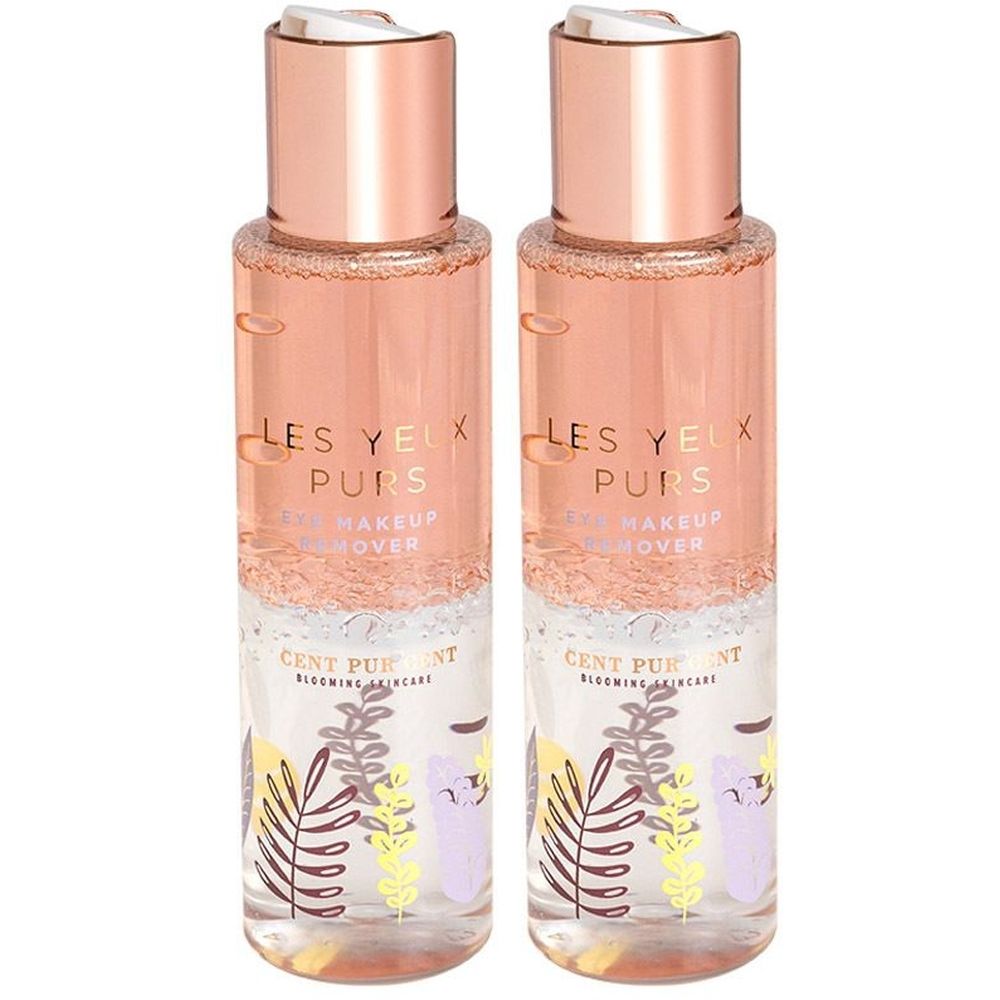 Twee flessen roze vloeibare reiniger. Opschrift: LES YEUX PURS, make-up remover. Merk: CENT PUR CENT.