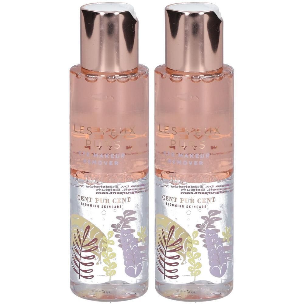 Twee flessen oogmake-up remover. Heldere vloeistof, roze dop, bloemenprint. CENT PUR CENT-logo.