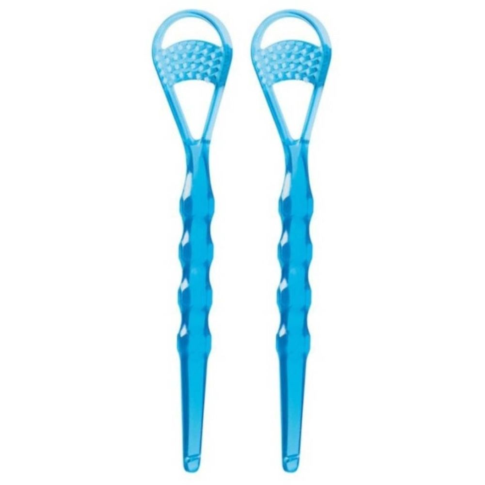 Twee blauwe tongschrapers. Elk heeft een gegolfde handgreep en een afgeronde kop met noppen.