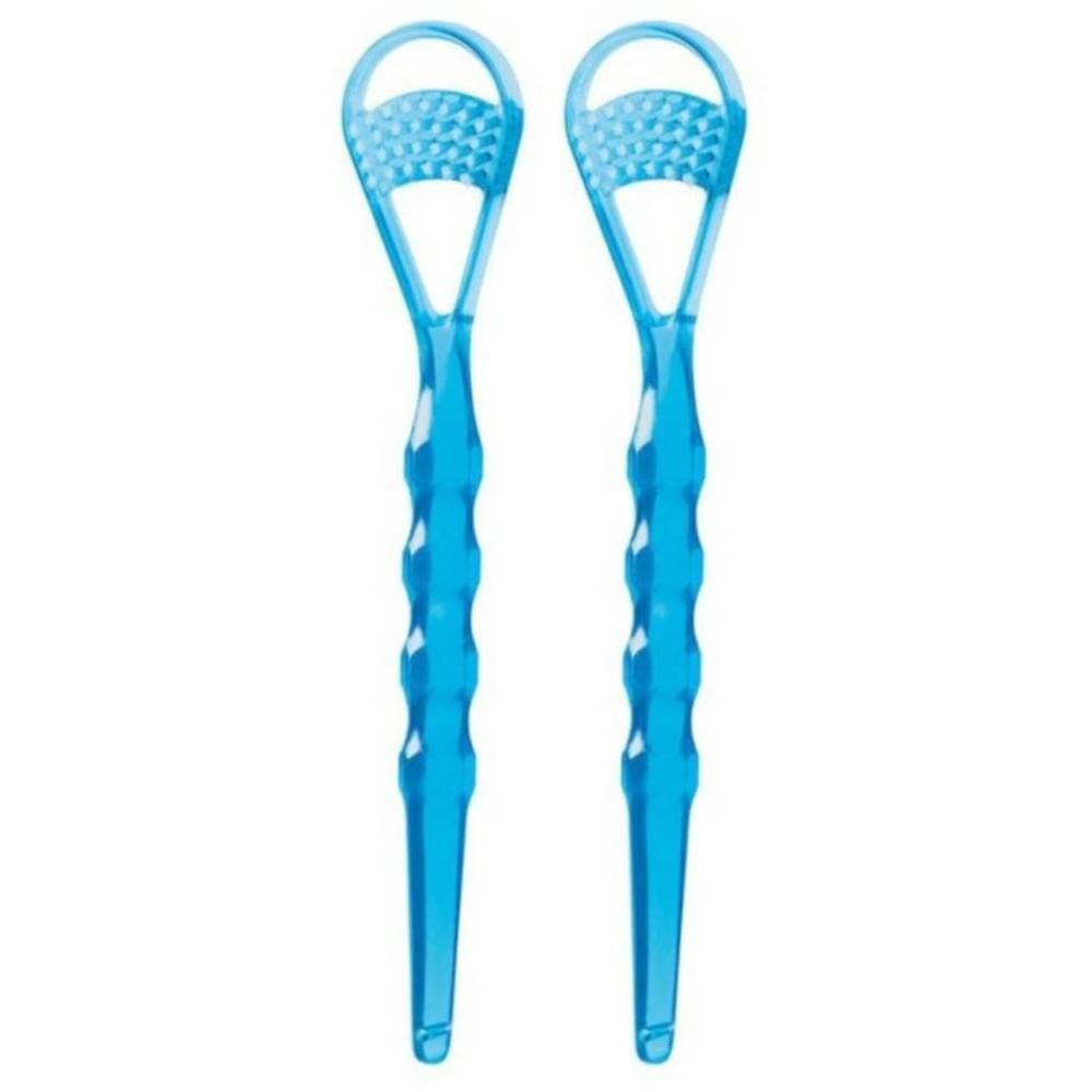 Twee blauwe tongschrapers. Elk heeft een handvat en een reinigingsgedeelte met noppen.