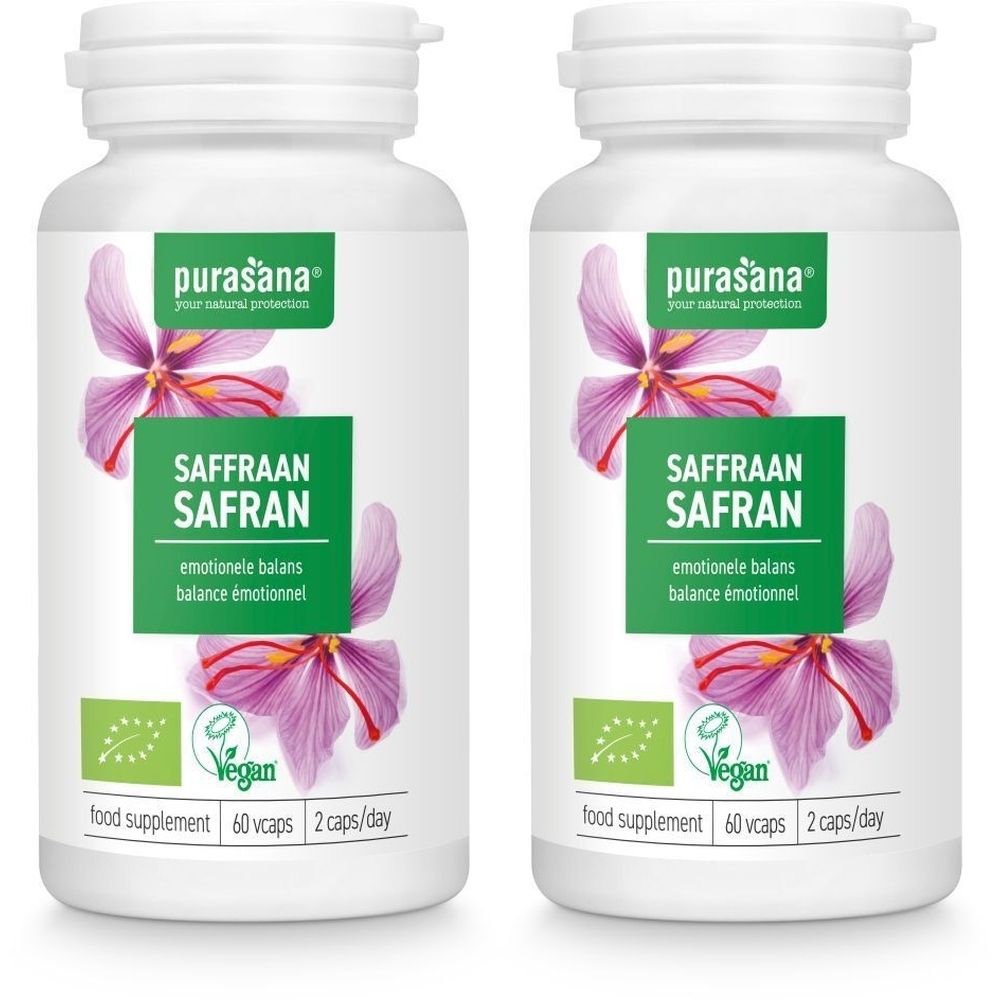 Twee witte flessen met etiketten. Op de etiketten staat "Purasana", "Saffraan" en "Vegan". 