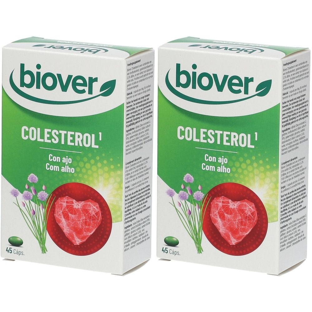 Twee dozen Biover Cholésterol. Opschrift: COLESTEROL, met knoflook. Afbeelding van een hart. 45 capsules.