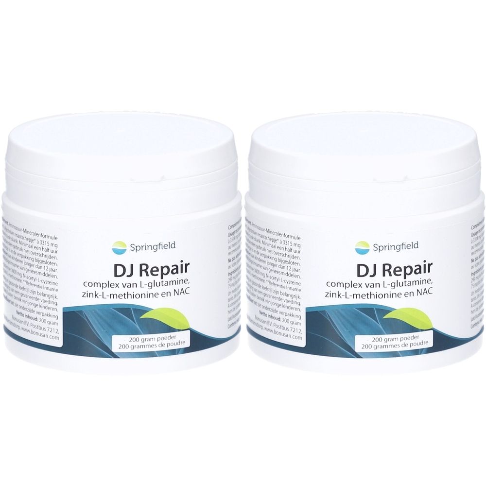 Deux pots blancs "Springfield DJ Repair". Inscription : complexe de L-glutamine, zinc, L-méthionine et NAC. 200 g de poudre.