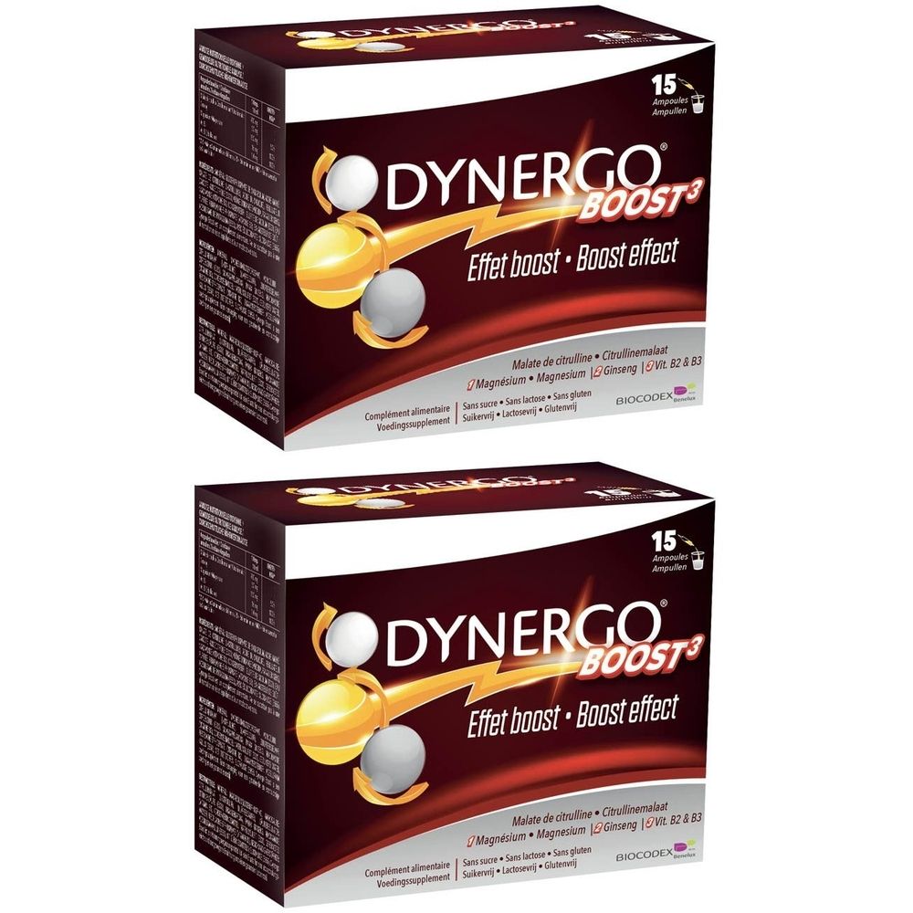 Twee dozen DYNERGO BOOST3. Opschrift: Effet boost - Boost effect. Bevat 15 ampullen. Bruine verpakking met gele en witte elementen.