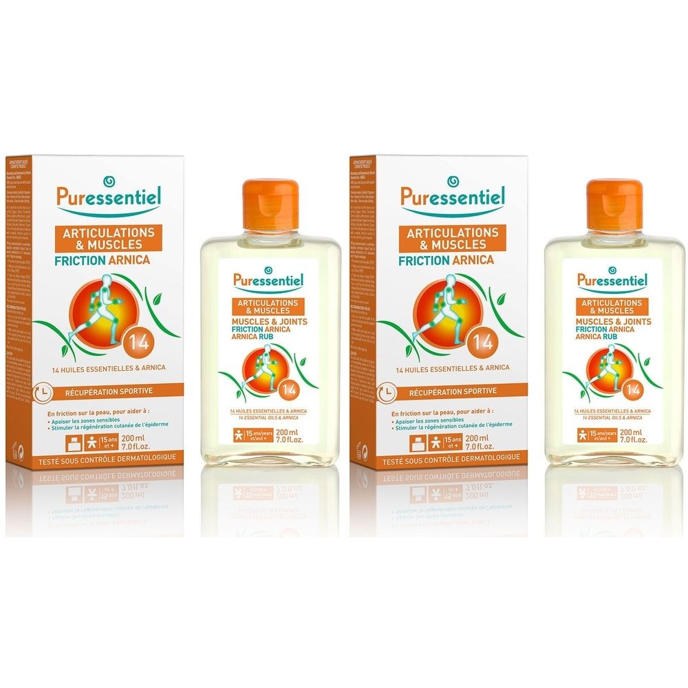 Vier flessen en verpakkingen. Op de verpakkingen staat "Puressentiel Articulations & Muscles Friction Arnica". De flessen hebben een oranje dop.