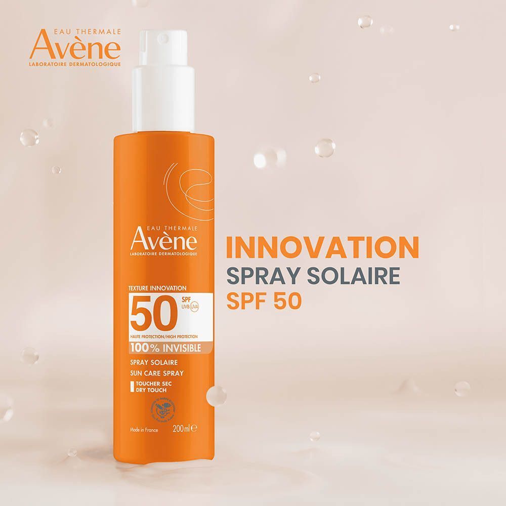 Avene Spray Solaire SPF 50, 200ml. Texture invisible, séchage rapide.