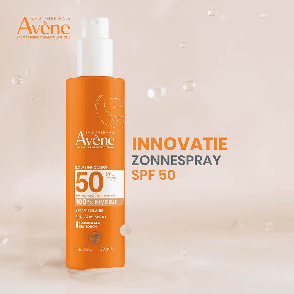 Avène zonnenspray met SPF 50, 200ml. Transparante formule, onzichtbaar op de huid.