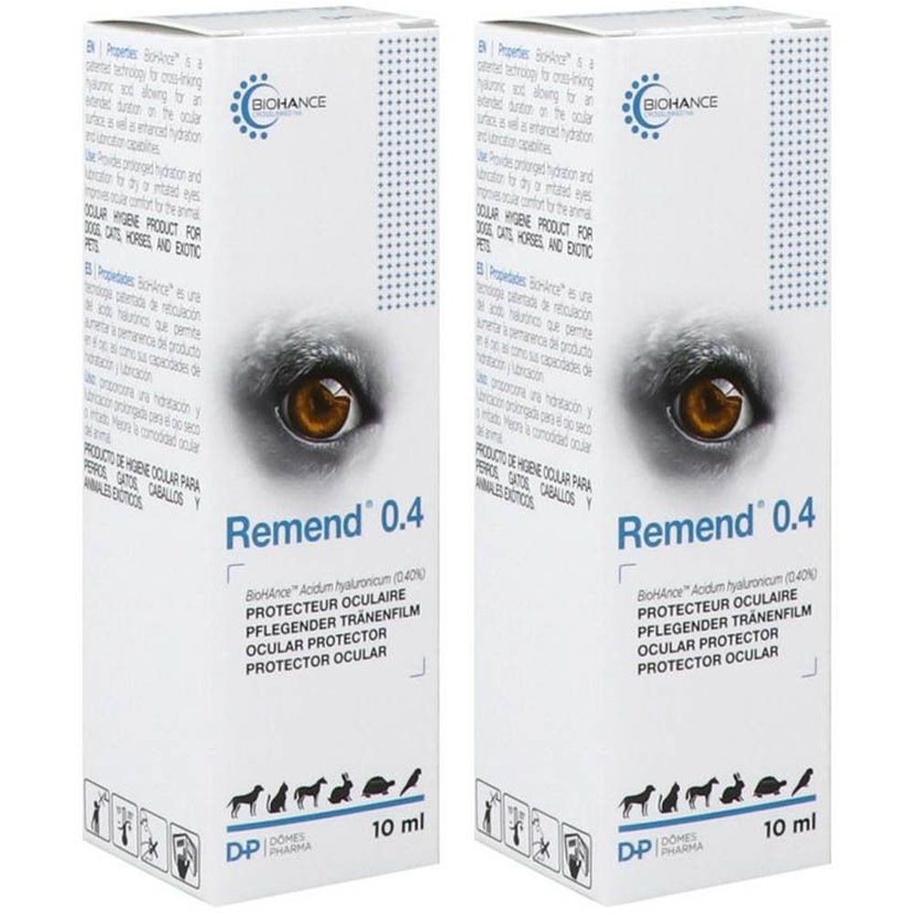 Deux boîtes blanches avec le nom du produit Remend 0.4. Un œil d'animal est représenté sur chaque boîte. 10 ml.