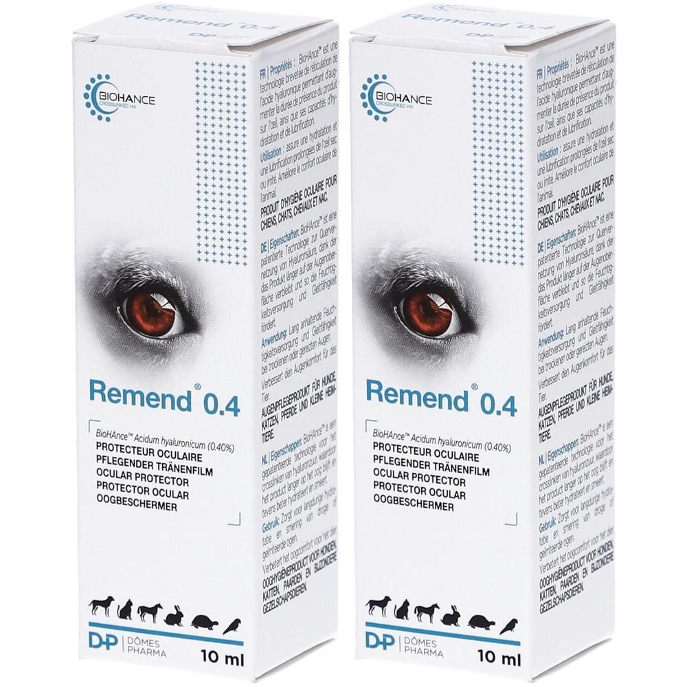 Twee witte dozen met productopdruk. Opschrift: Remend 0.4, 10 ml. Logo: BIOHANCE. Afbeelding van een honden oog.