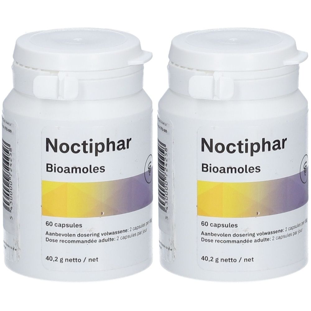 Twee witte flessen met de tekst "Noctiphar Bioamoles". Elke fles bevat 60 capsules. Opschrift: 40,2 g netto.