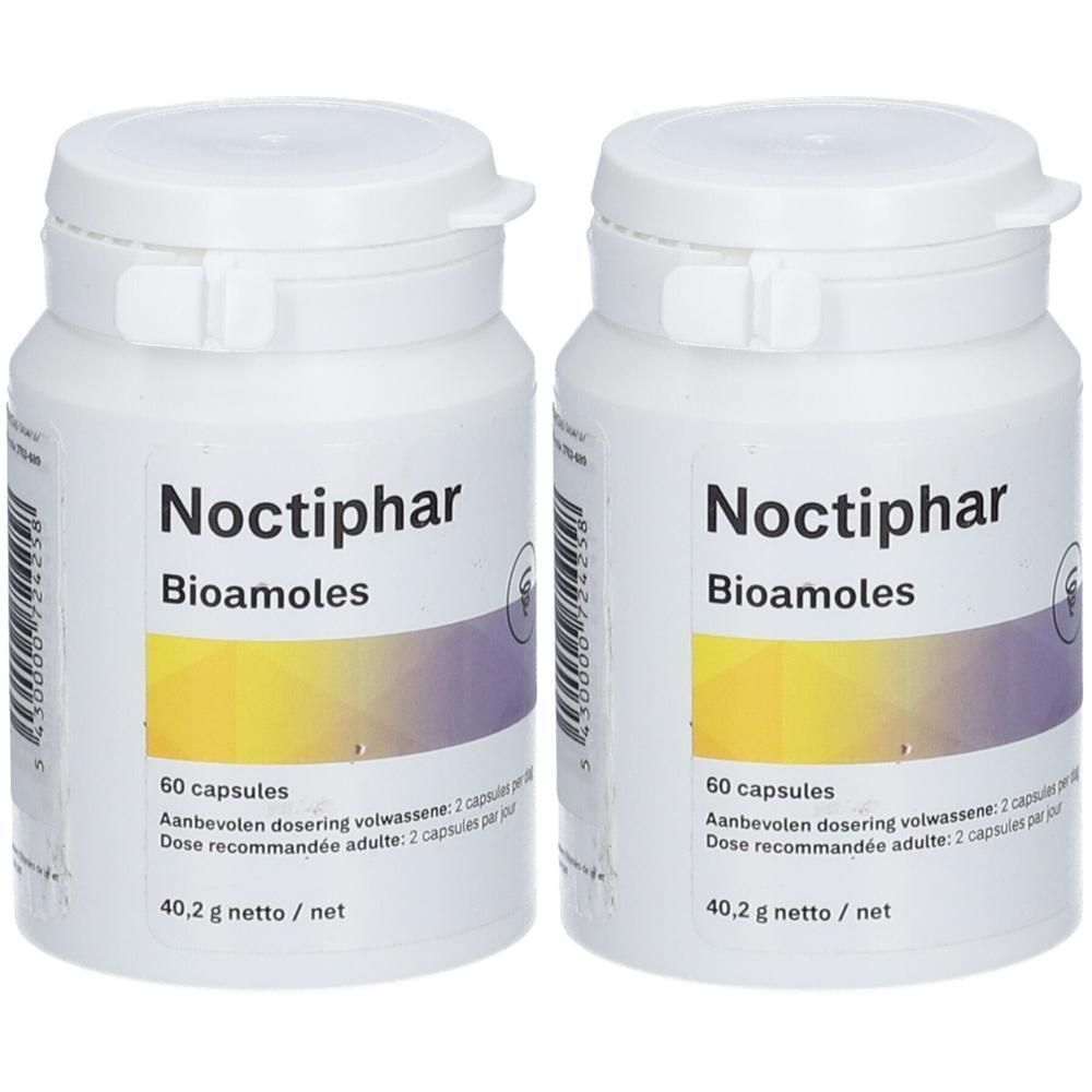 Twee witte potjes met Noctiphar Bioamoles capsules. Elk potje bevat 60 capsules.