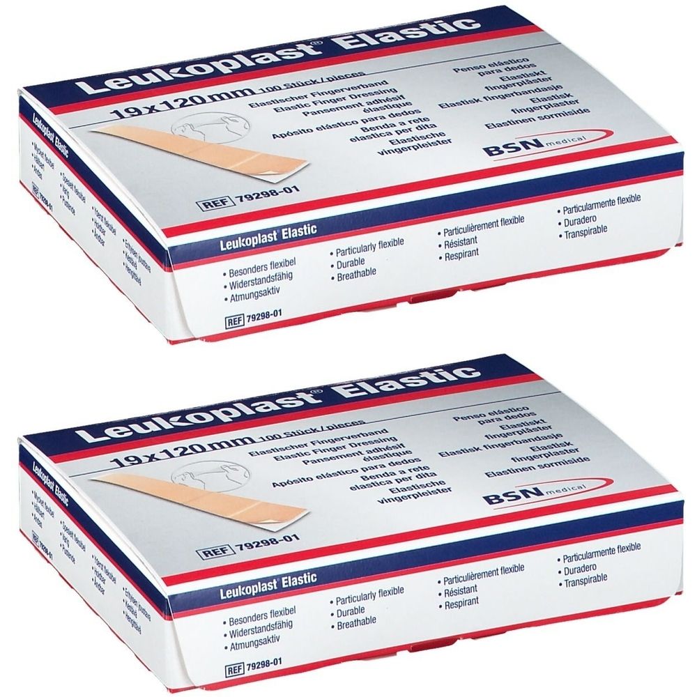 Twee dozen Leukoplast Elastic vingerverband. Opschrift: 19x120mm. Eigenschappen: ademend, flexibel, duurzaam.
