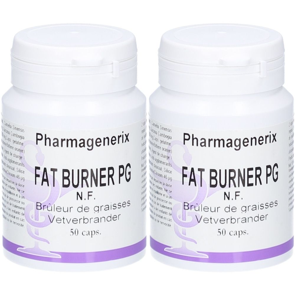 Twee witte pillenpotjes met de tekst "Pharmagenerix FAT BURNER PG". Opschrift: "Brûleur de graisses", "Vetverbrander", "50 caps."