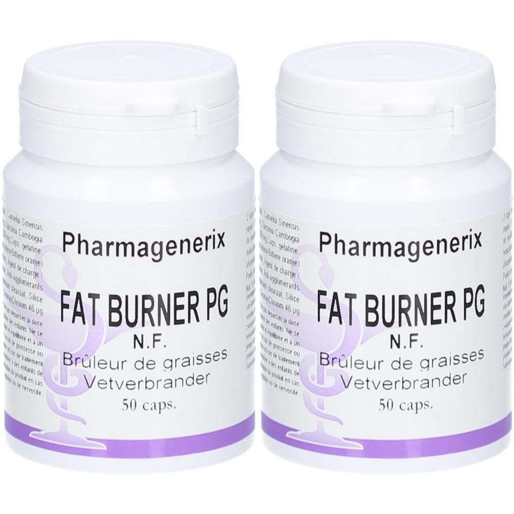 Twee witte pillenpotjes met paarse etiketten. Opschrift: Pharmagenerix FAT BURNER PG, N.F., Brûleur de graisses, Vetverbrander, 50 caps.