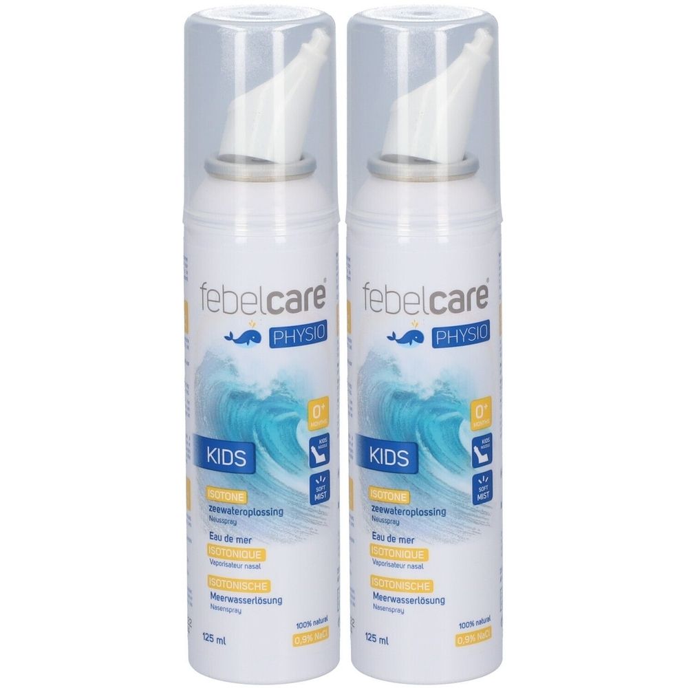 Twee Febelcare Physio Kids neussprays. Witte flacons met transparante doppen. Zeewateroplossing.