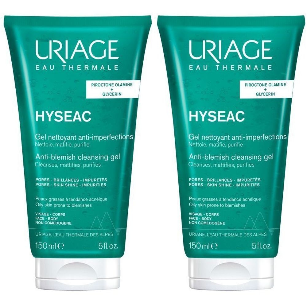 Twee groene tubes Uriage Hyseac Gel. Tekst: Anti-onzuiverheden, reinigt, mattert, zuivert. 150ml. Merk en productnaam zichtbaar.