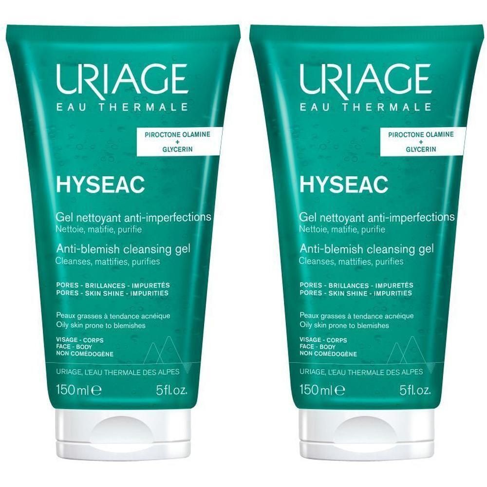 Twee tubes Uriage Hyseac, groene verpakking. Tekst: Anti-onzuiverheden reinigingsgel. 150ml, 5 fl.oz.