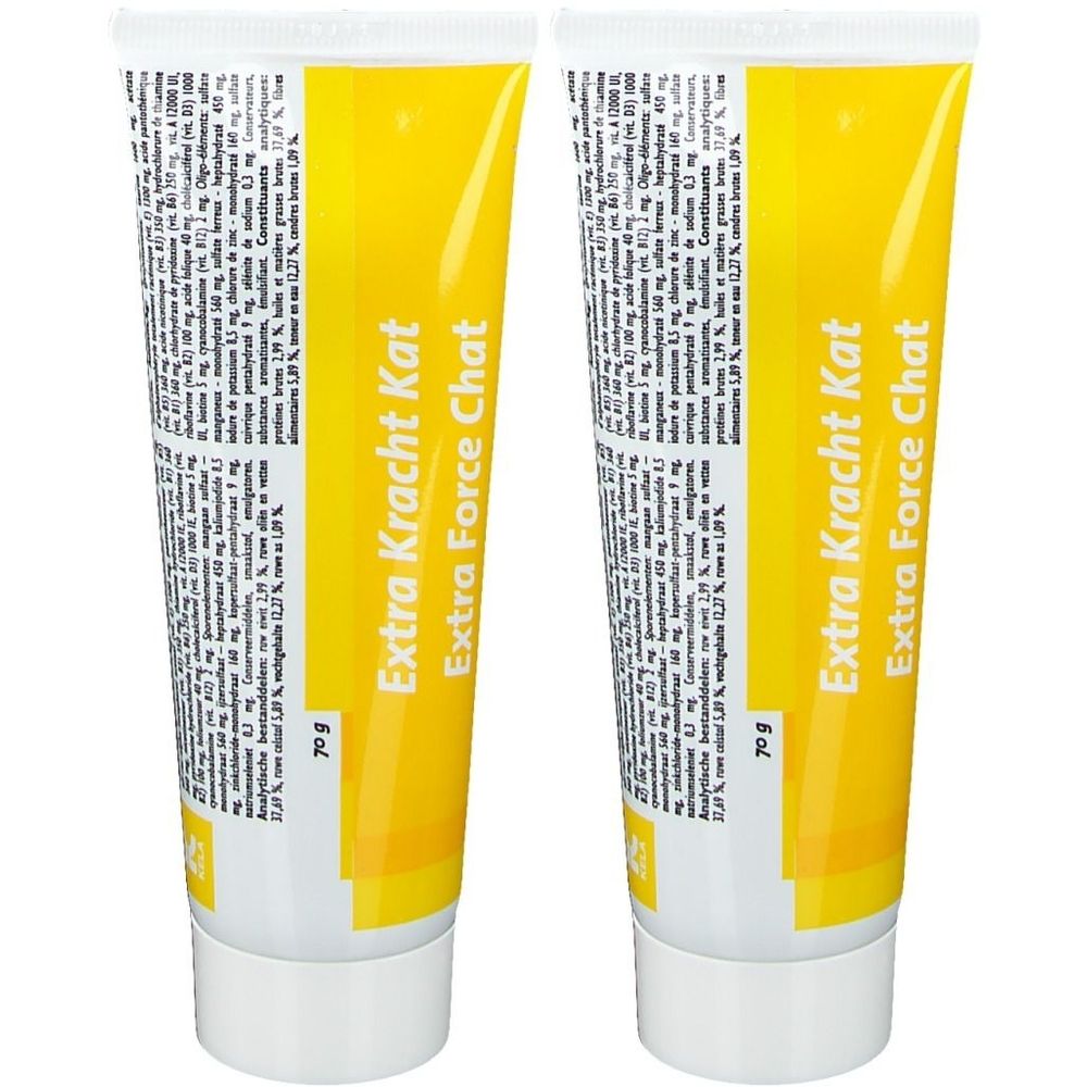 Deux tubes jaunes. Inscription : Extra Kracht Kat, Extra Force Chat. Chaque tube indique 70 g.