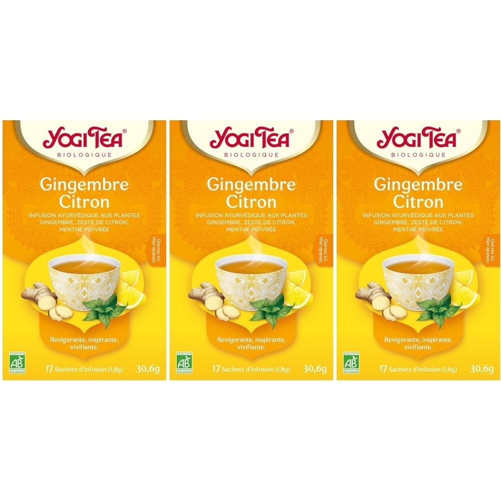 Trois boîtes de Yogi Tea® Gingembre Citron. Emballage jaune avec logo, nom du produit, image de thé et ingrédients, 17 sachets.