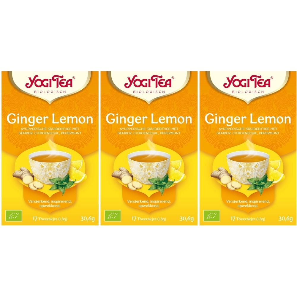 Drie verpakkingen Yogi Tea® Ginger Lemon. Gele verpakking met logo, productnaam, afbeelding van thee en ingrediënten, 17 theezakjes.