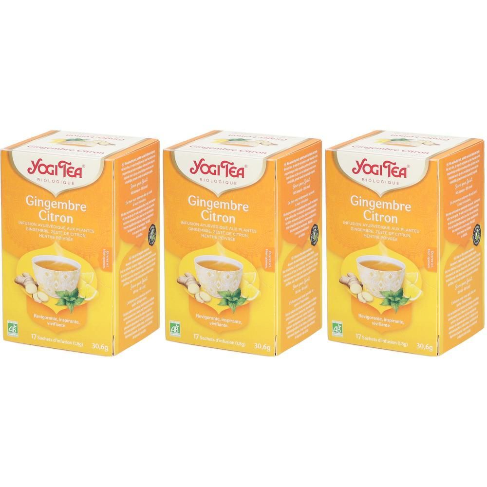 Trois boîtes jaunes avec logo Yogi Tea et nom "Gingembre Citron". Illustration d'une tasse de thé.