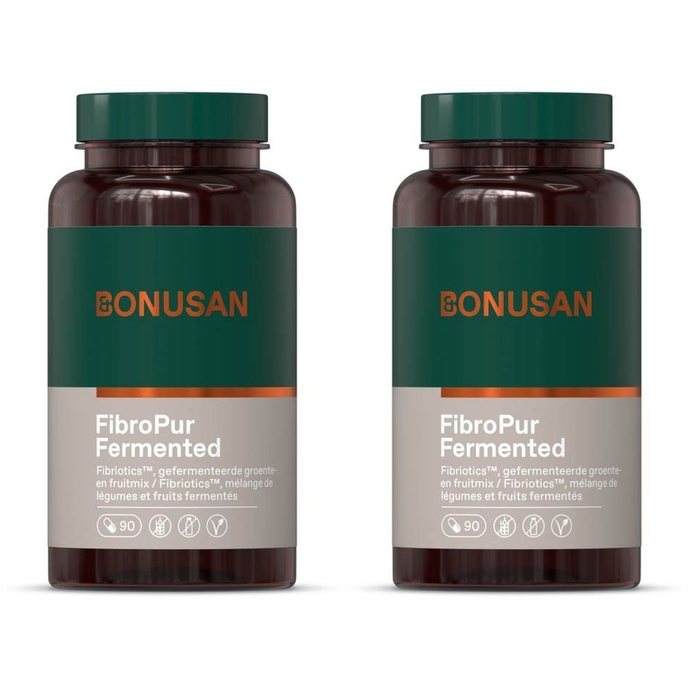 Twee flessen met groen etiket. Opschrift: BONUSAN, FibroPur Fermented. Bevat 90 capsules. Vegan.