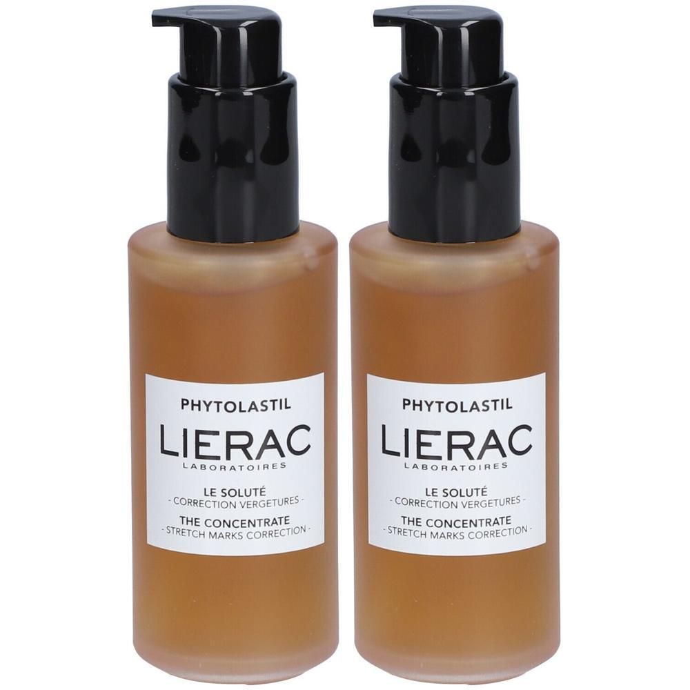 Twee flessen met zwarte pomp. Label met tekst: LIERAC, Phytolastil, Le Solute, Correction Vergetures.
