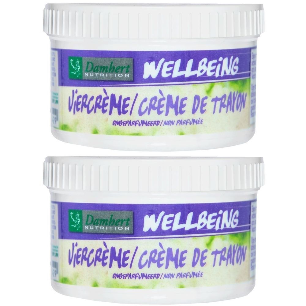 Twee witte potten met deksels. Opschrift: Damhert Wellbeing Viercrème/Crème de Trayon, ongeparfumeerd.
