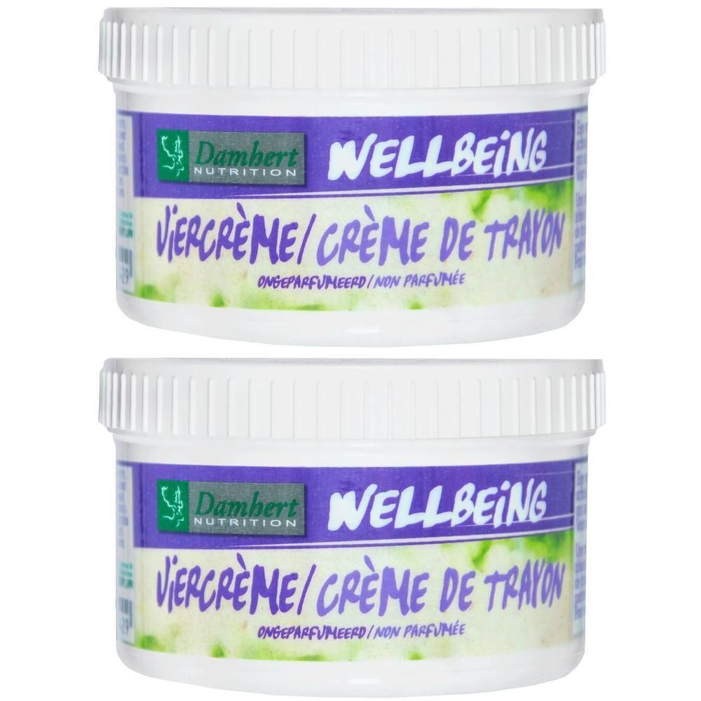 Twee witte potten met paars etiket. Opschrift: Damhert Nutrition, Wellbeing, Vièrcrème/Crème de trayon, ongeparfumeerd.