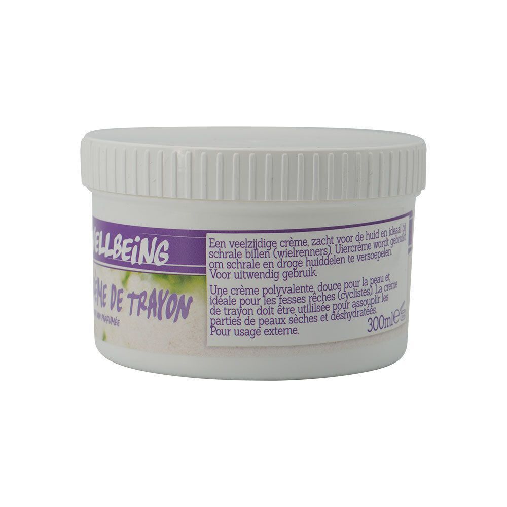 Witte pot met schroefdop. Etiket op de achterkant met tekst. Opschrift: Vièrcrème/Crème de trayon, 300ml.
