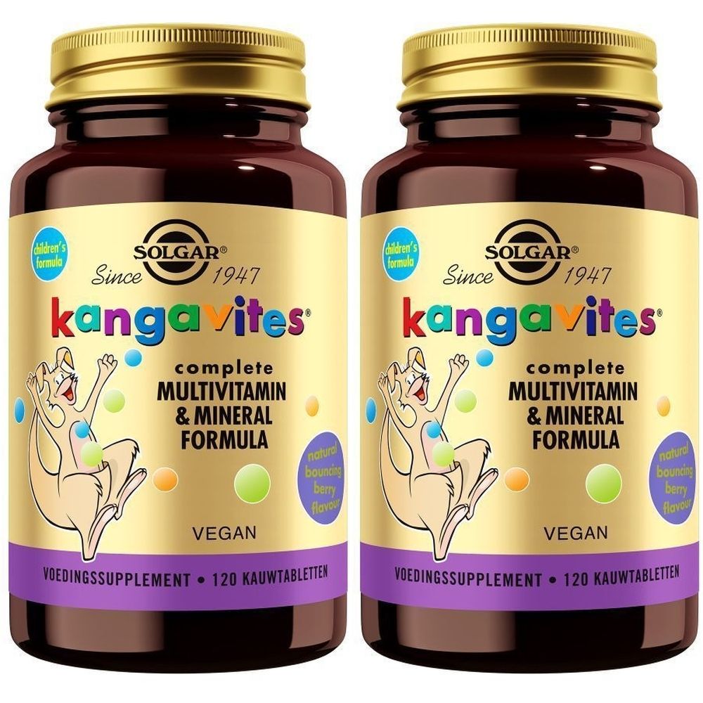 Deux flacons de Solgar Kangavites. Flacons bruns avec des couvercles dorés et des étiquettes avec des informations sur le produit et un dessin animé de kangourou.