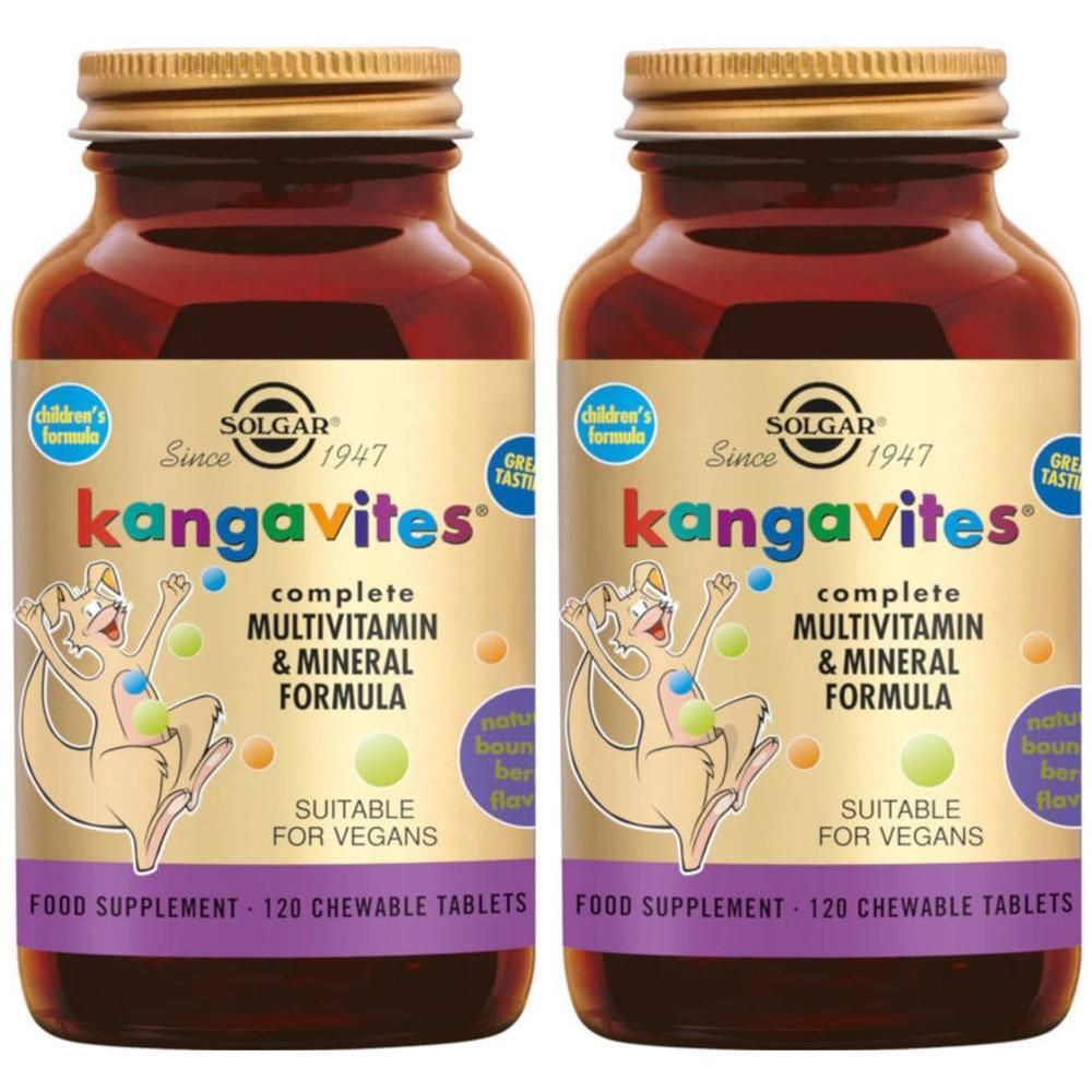 Deux flacons de SOLGAR® Kangavites. Bouteilles en verre marron avec couvercles dorés et étiquettes. Inscription : Formule multivitamines et minéraux.
