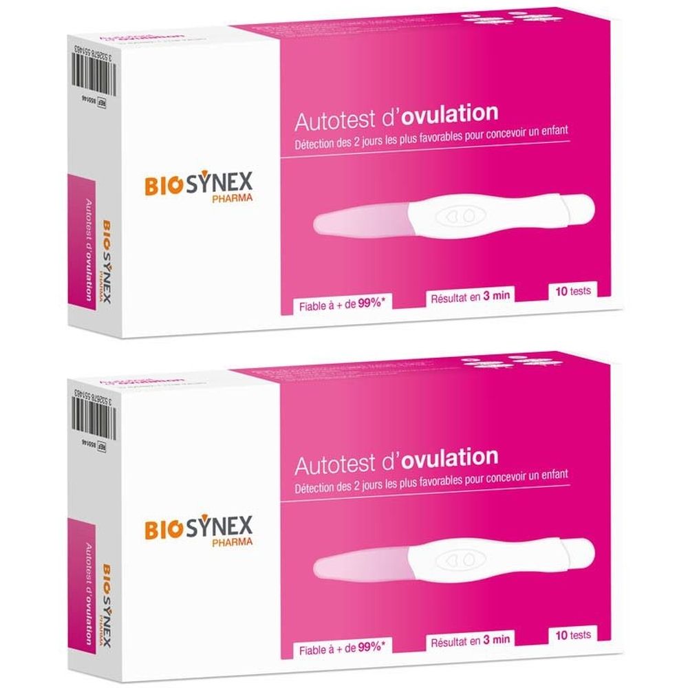 Deux boîtes BIOSYNEX Pharma. Texte: Autotest d'ovulation. Contient 10 tests. Fiable à + de 99%. Résultat en 3 min. Couleur rose.