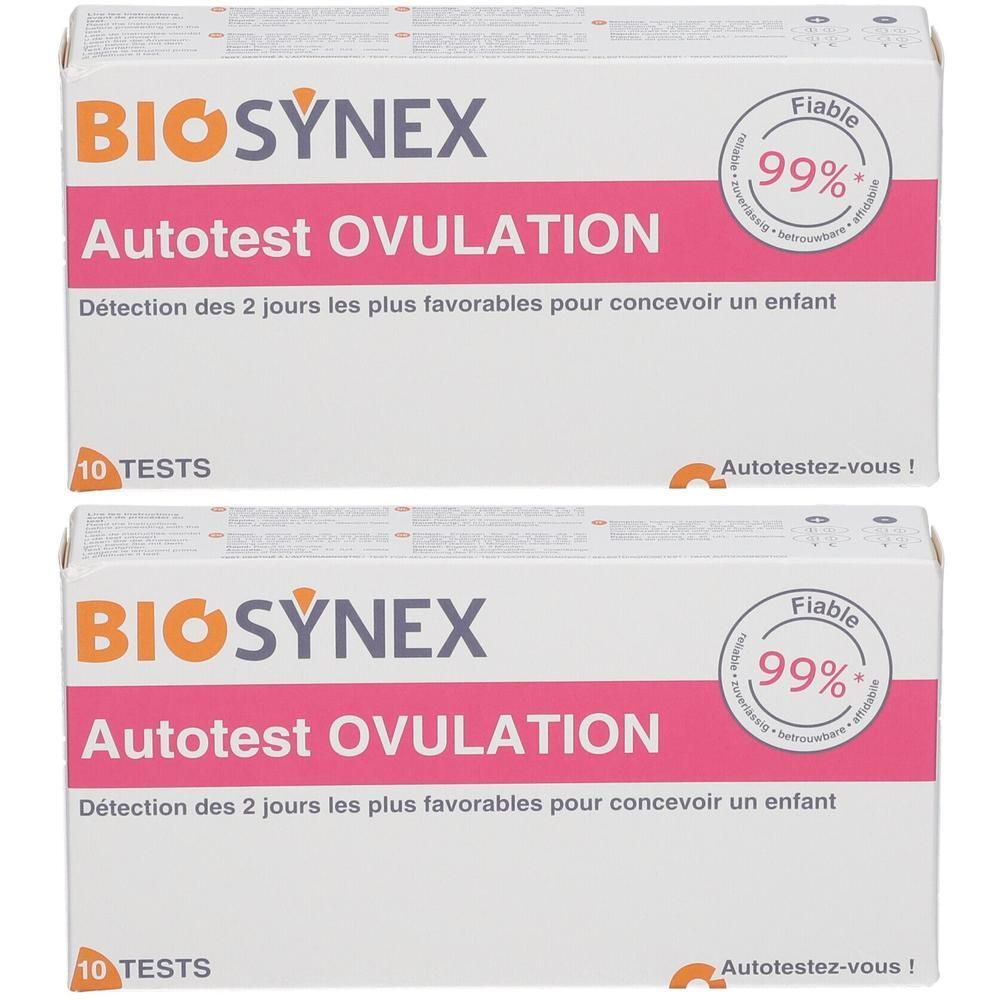 Deux boîtes BIOSYNEX Autotest Ovulation. Boîtes blanches avec accents roses et oranges. Texte: Autotest Ovulation, 10 tests, Fiable 99%.