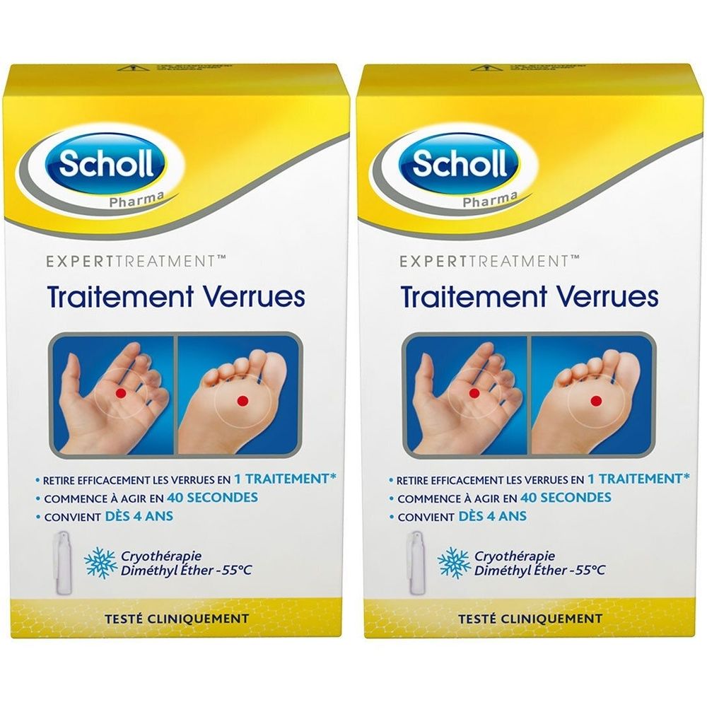 Twee Scholl Expert Treatment verpakkingen. Opschrift: Traitement Verrues. Bevat Cryothérapie Diméthyl Ether -55°C. Klinisch getest.